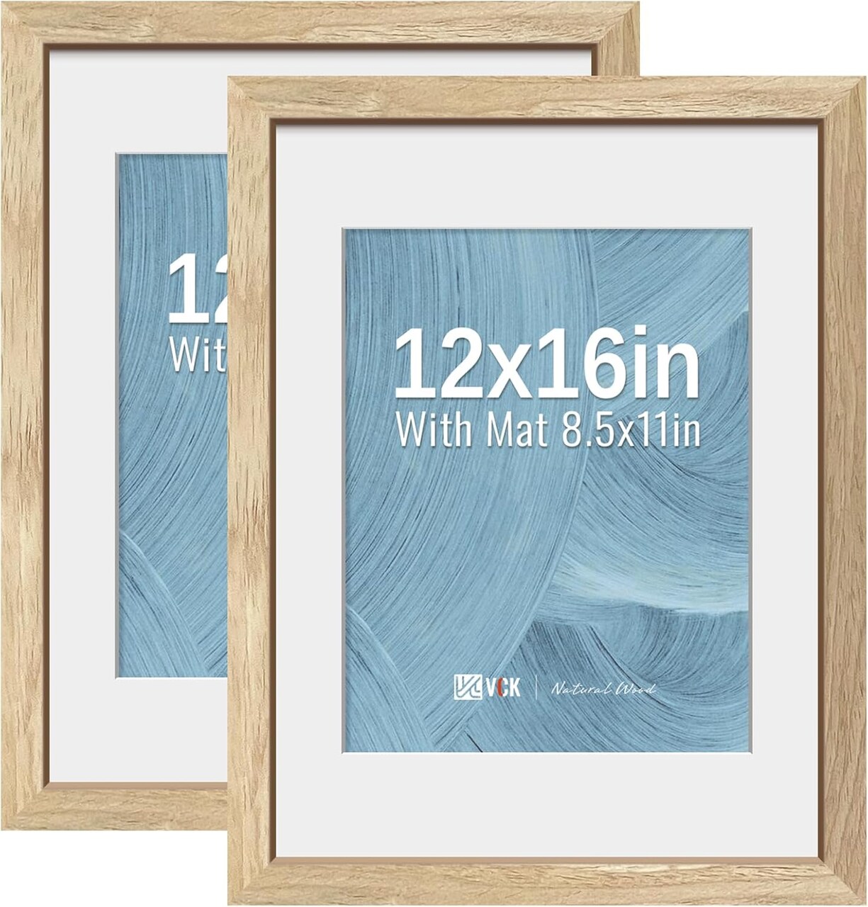 Picture Frame 2 Pack - Natural Wood Grain, High-End Wood Poster Frames with Tempered Glass, Display 8.5x11 Photo with Mat or 12x16 without Mat, Art Gallery-Quality, Wall Hanging, Natural